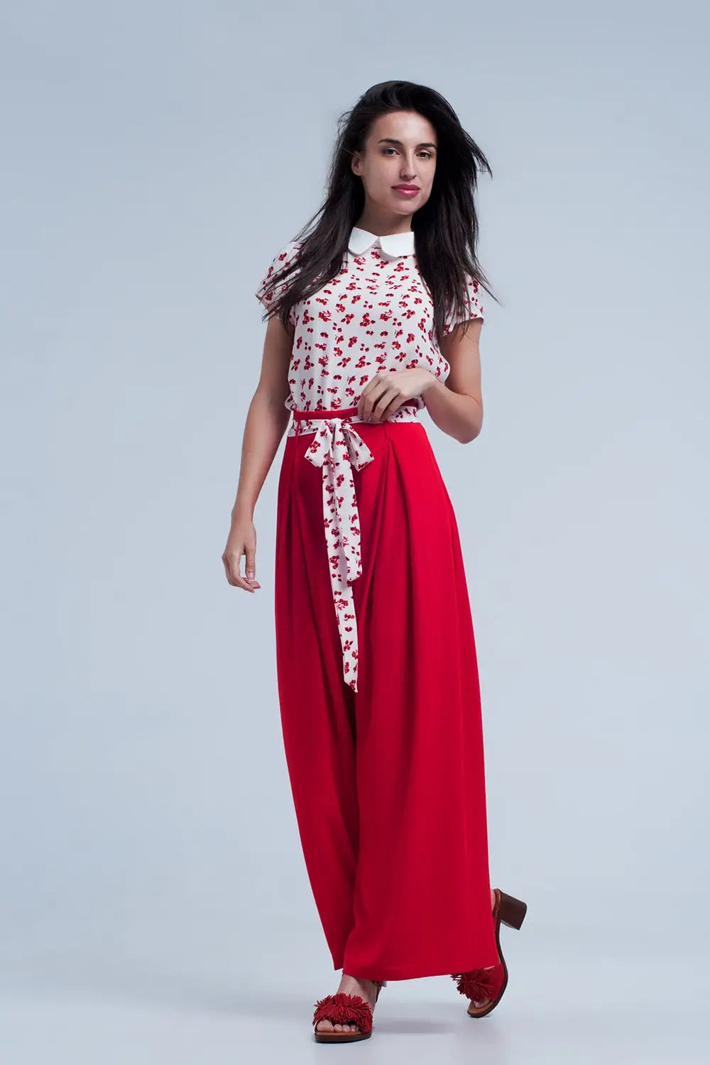 Pantalon rouge large plissé avec taille nouée - Pantalons
