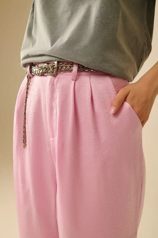 Pantalon satin tailleur à jambe large en rose - Pantalons