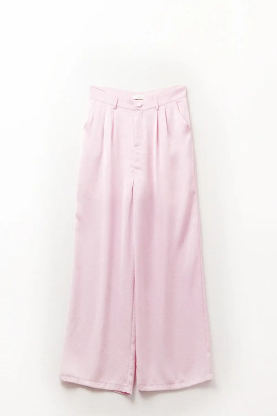 Pantalon satin tailleur à jambe large en rose - Pantalons