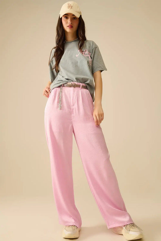 Pantalon satin tailleur à jambe large en rose - Pantalons