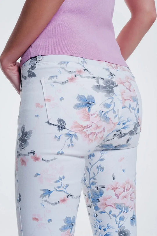 Pantalon skinny blanc à imprimé floral - Pantalons