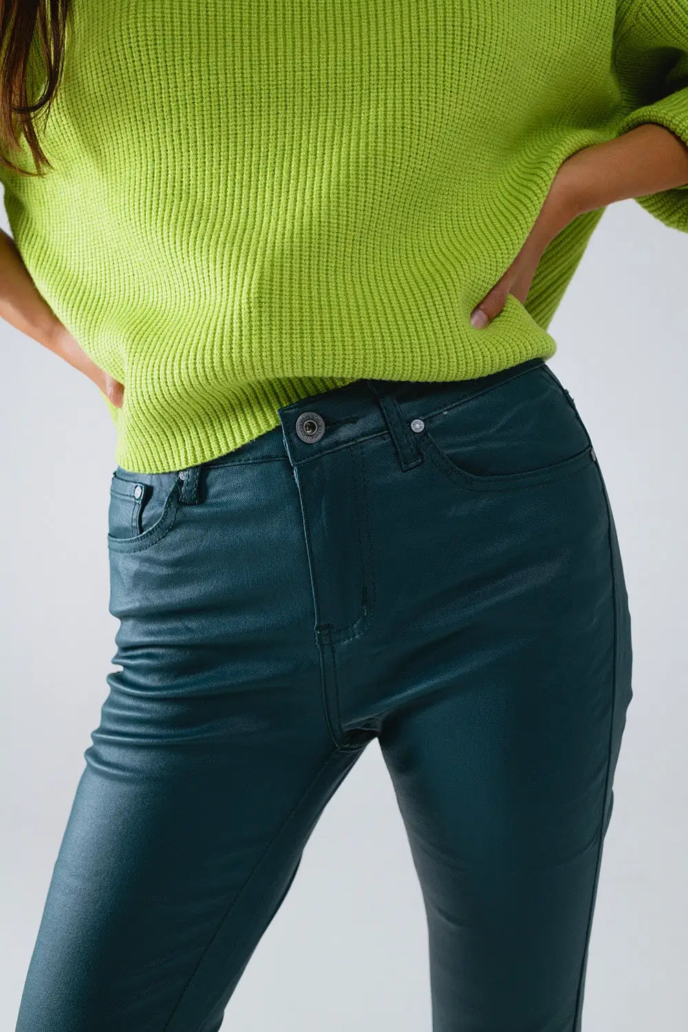 Pantalon skinny en faux cuir vert foncé - Pantalons