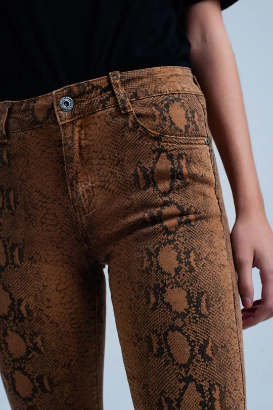 Pantalon slim orange à imprimé serpent - Pantalons