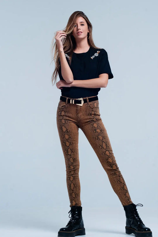 Pantalon slim orange à imprimé serpent - Pantalons