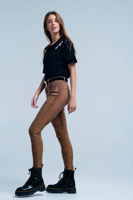 Pantalon slim orange à imprimé serpent - Pantalons