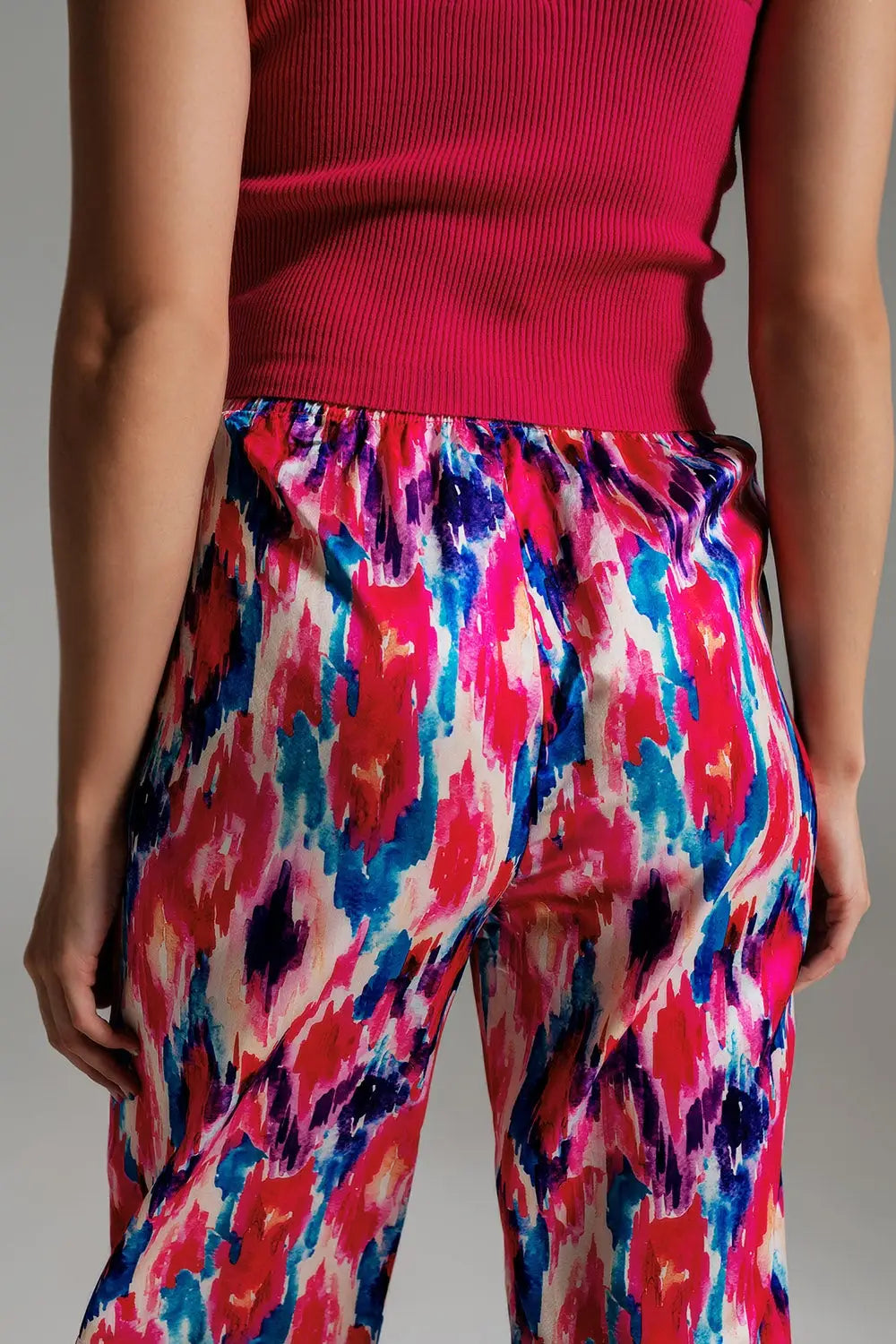 Pantalon style palazzo à motif abstrait rose et bleu - Pantalons