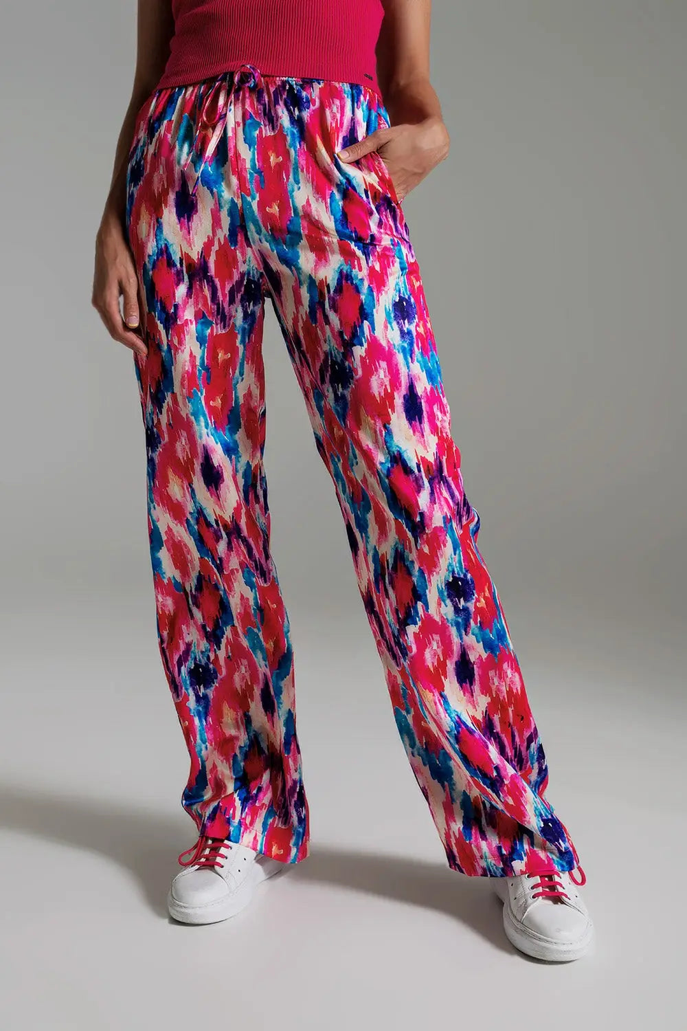 Pantalon style palazzo à motif abstrait rose et bleu - Pantalons
