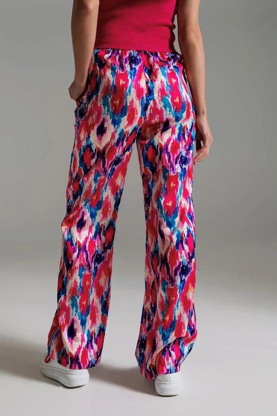 Pantalon style palazzo à motif abstrait rose et bleu - Pantalons