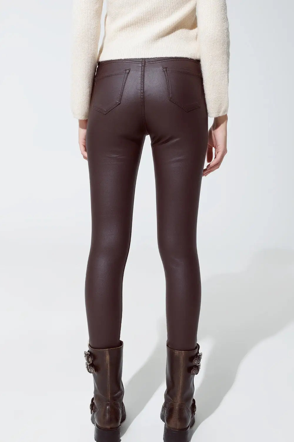 Pantalon super skinny en similicuir marron foncé - Pantalons