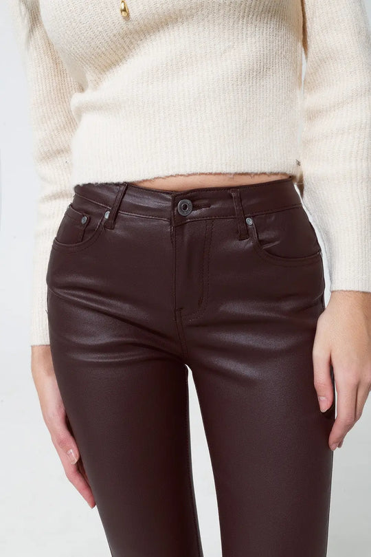 Pantalon super skinny en similicuir marron foncé - Pantalons