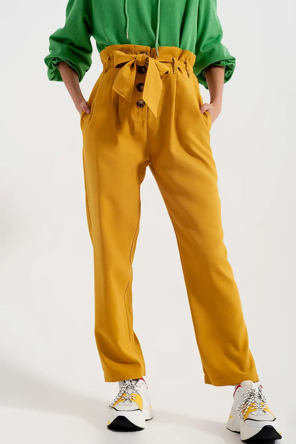 Pantalon taille haute froncée avec ceinture Jaune - Pantalons