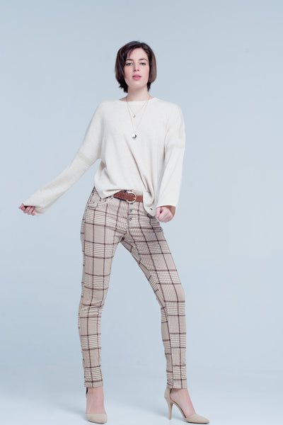 pants in beige check with button