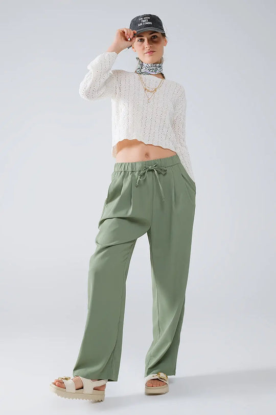 Pants In Green With Front Pockets And Drawstring Closing - Pants