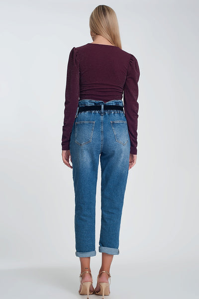 Paper bag waist mom jean in dark wash blue