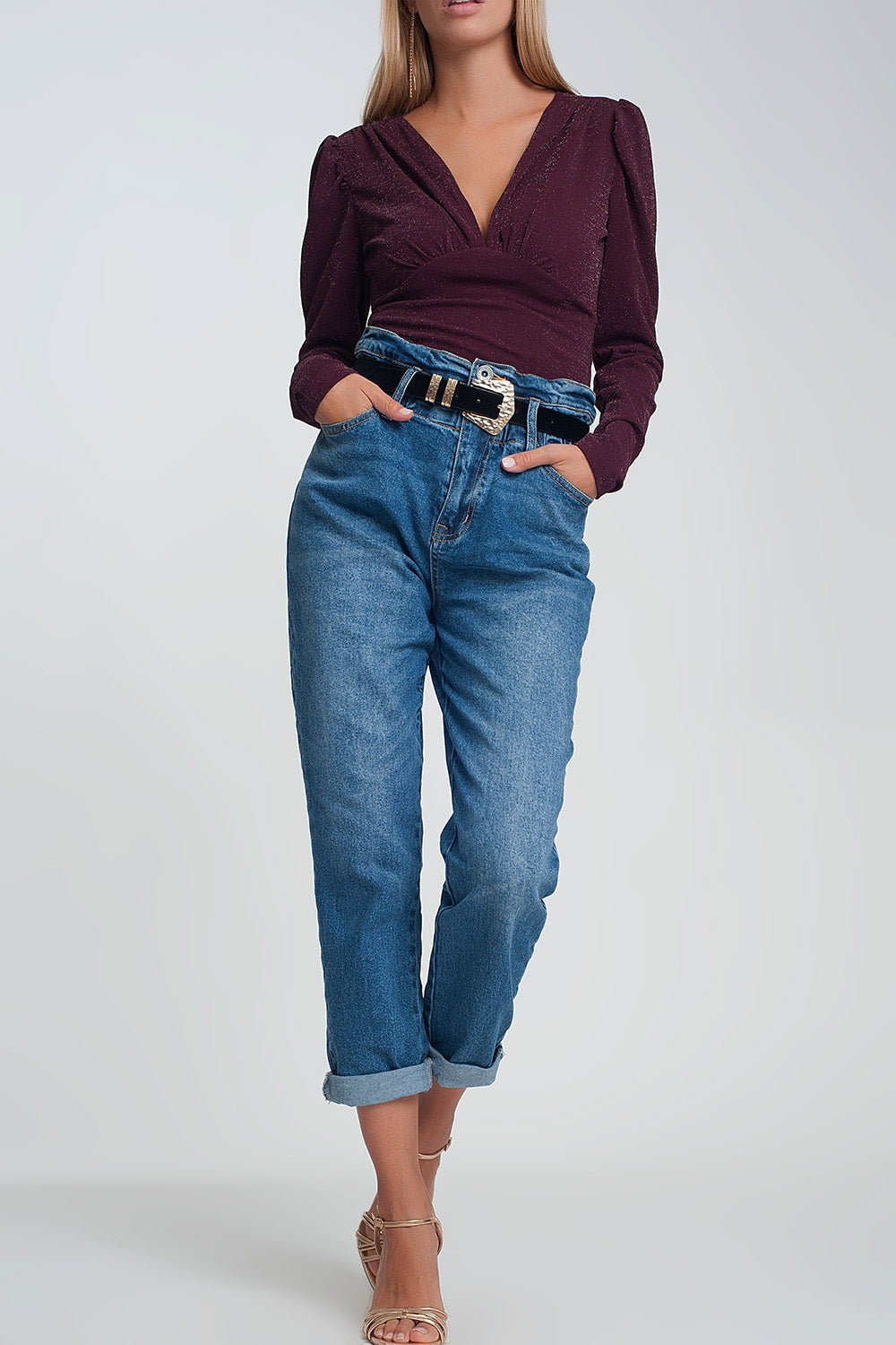 Q2 Paper bag waist mom jean in dark wash blue