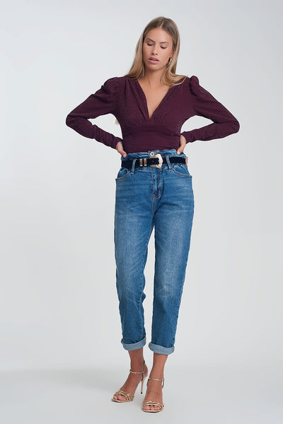 Paper bag waist mom jean in dark wash blue