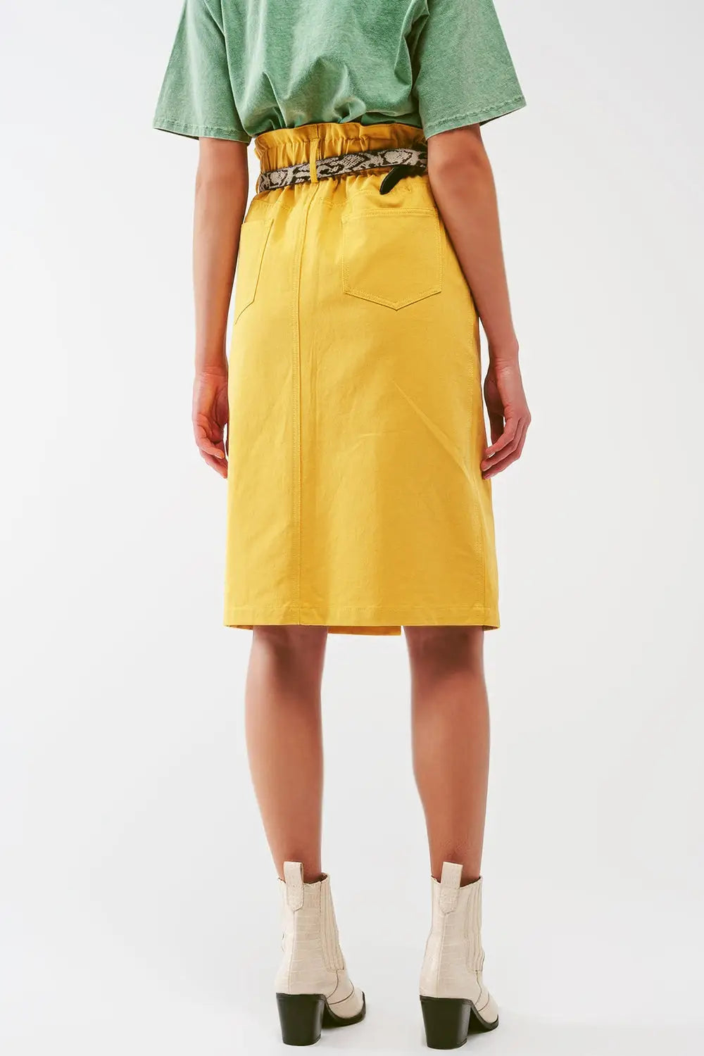Paper Bag Waist Straight Skirt With Front Slit in Yellow - Skirts
