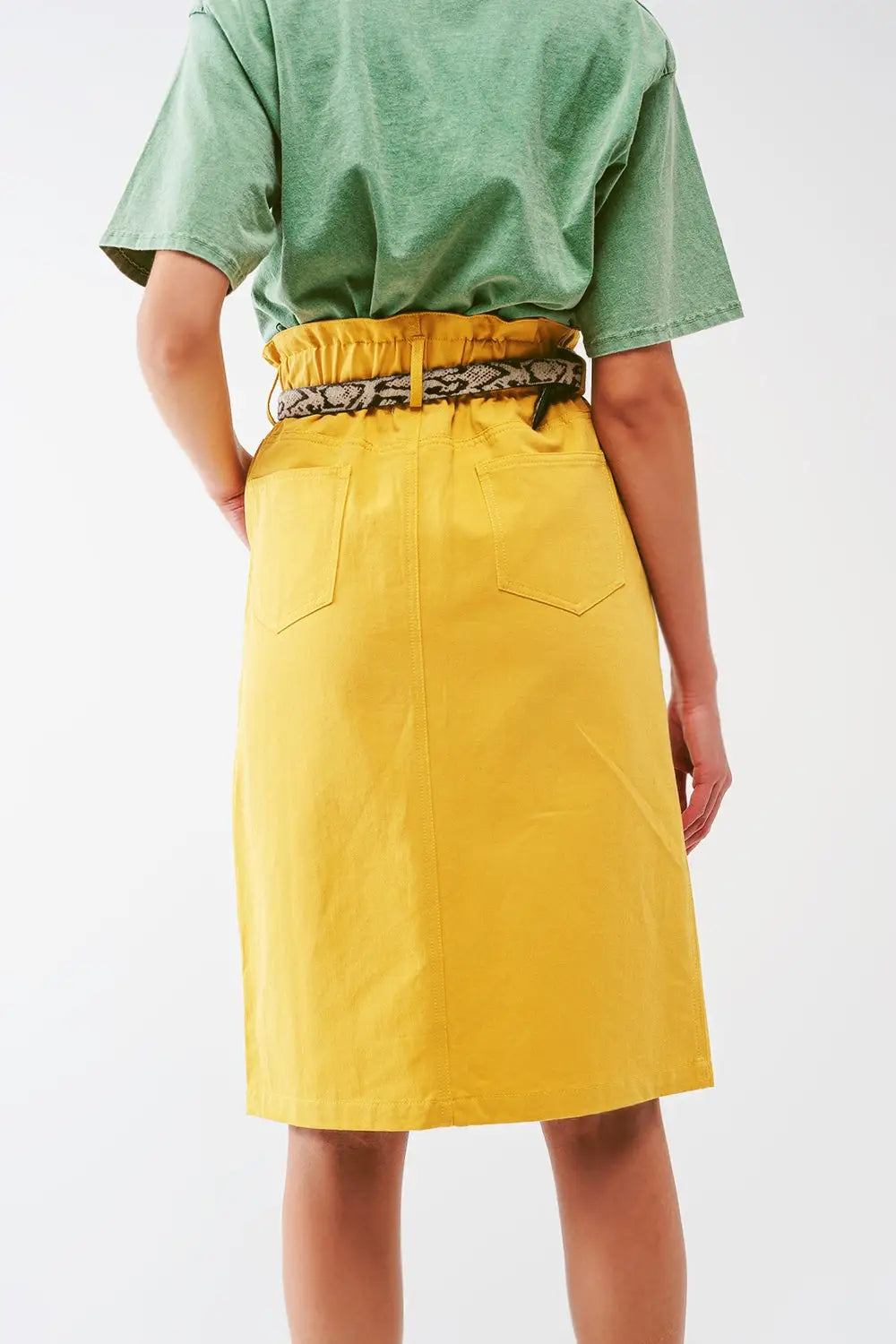 Paper Bag Waist Straight Skirt With Front Slit in Yellow - Skirts