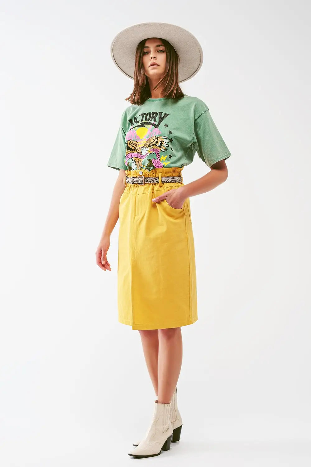 Paper Bag Waist Straight Skirt With Front Slit in Yellow - Skirts