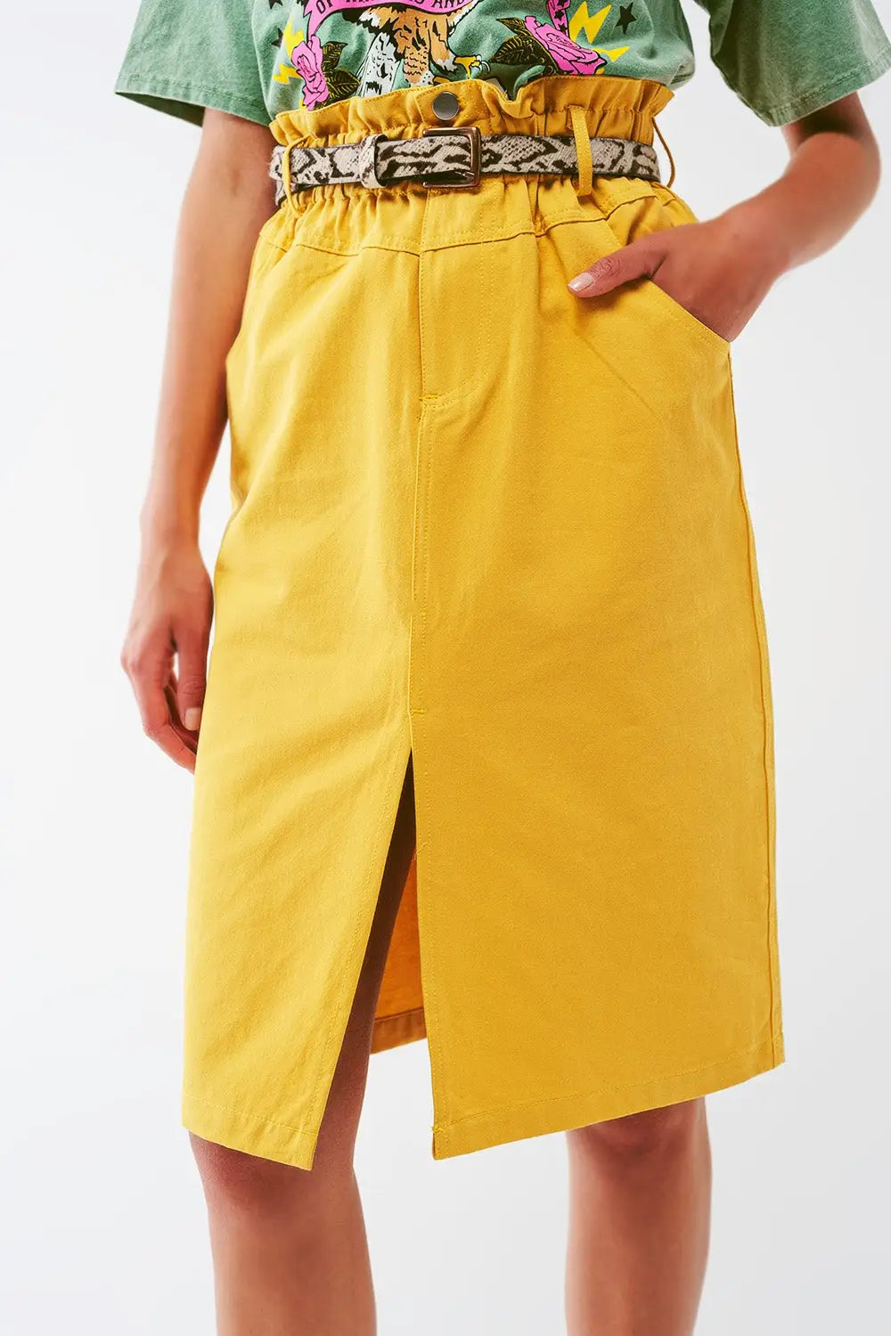 Paper Bag Waist Straight Skirt With Front Slit in Yellow - Skirts