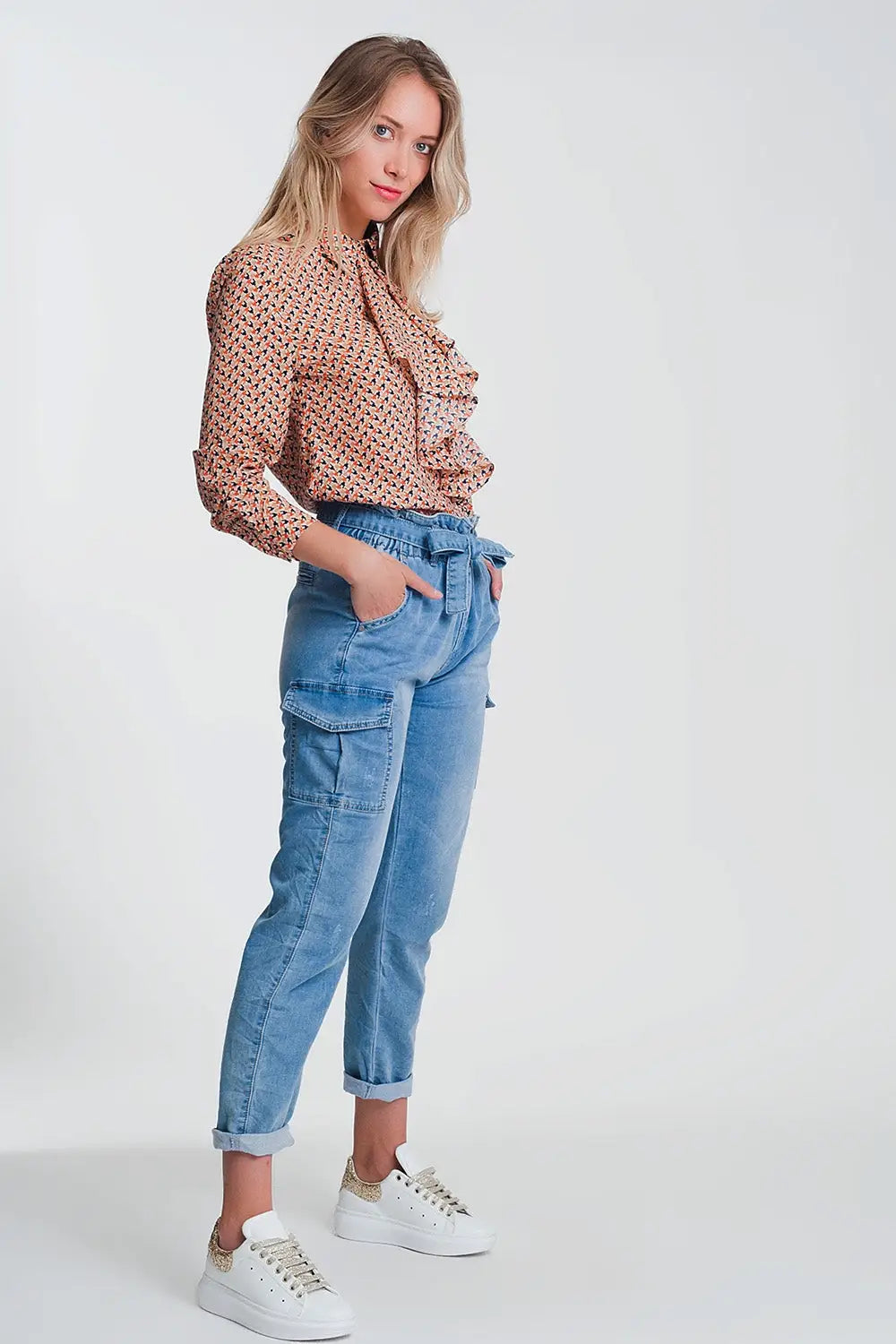 Paperbag tie waist jeans in light blue - Jeans
