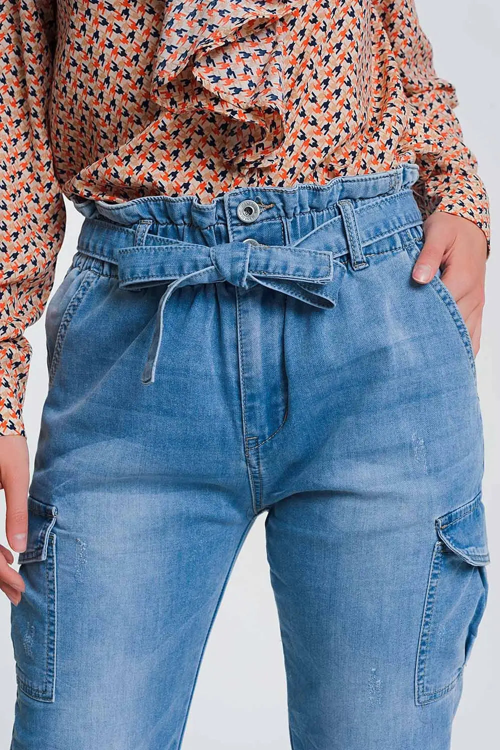 Paperbag tie waist jeans in light blue - Jeans