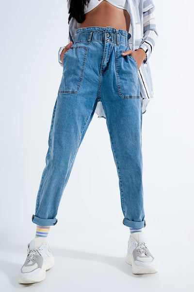 Paperbag waist Mom jeans in mid blue