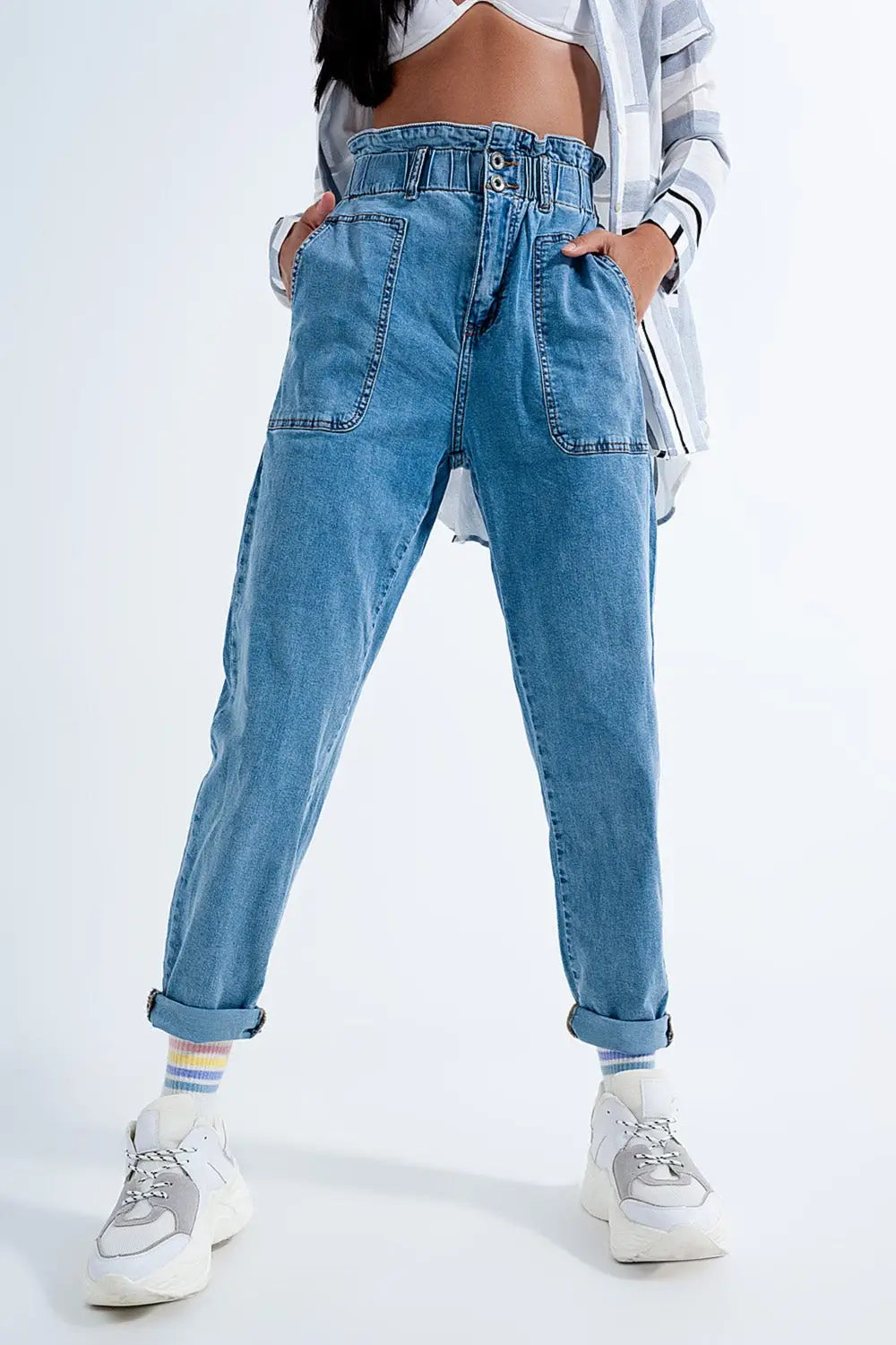 Paperbag waist Mom jeans in mid blue - Jeans