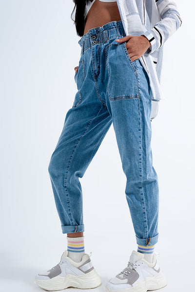 Paperbag waist Mom jeans in mid blue