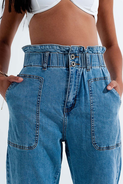 Paperbag waist Mom jeans in mid blue