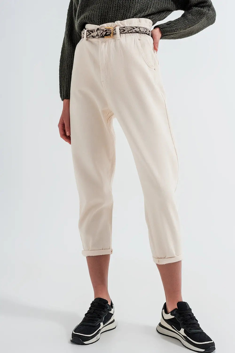 Paperbag waist straight leg jeans in cream - Jeans