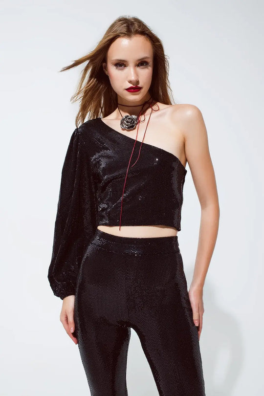 Party Cropped one shoulder top with glitter detail in black - Tops