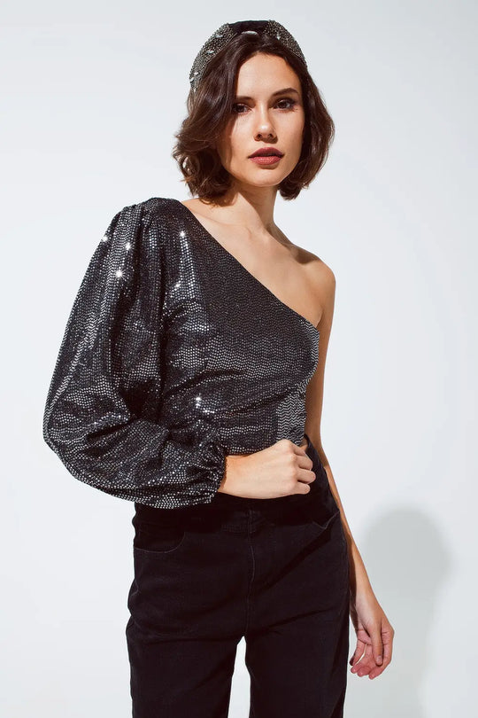 Party Cropped one shoulder top with glitter detail in silver - Tops
