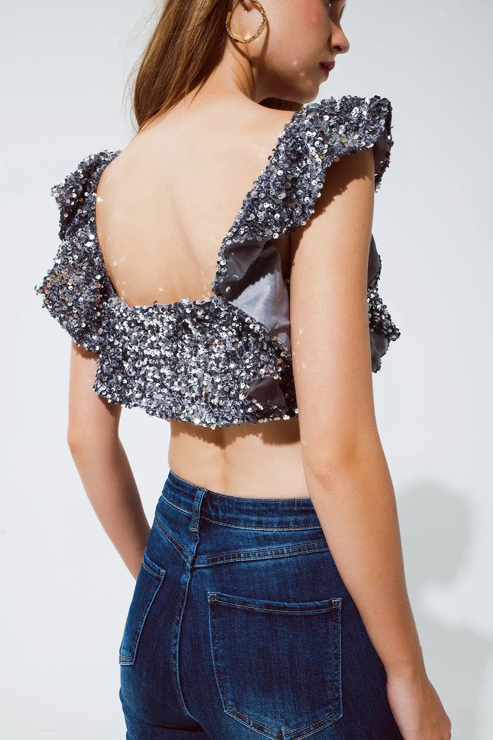 Party Cropped sequin glitter top in silver - Tops