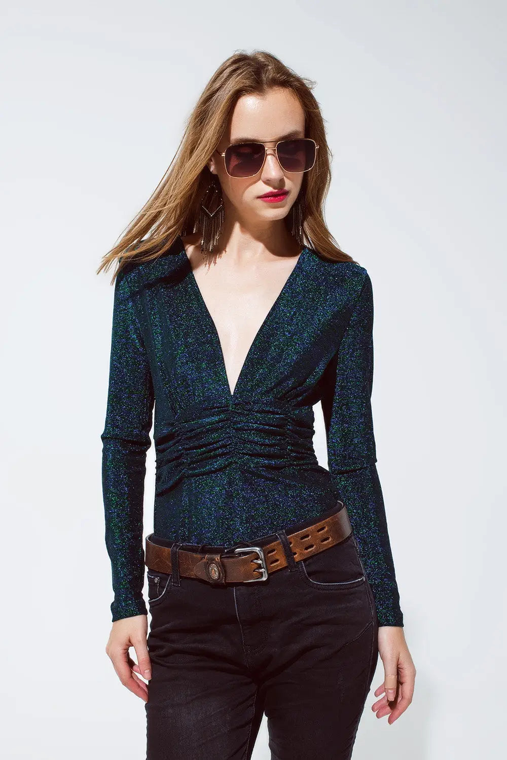 Party Shiny Body Top Long Sleeve in green - Tops