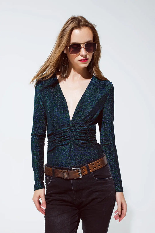 Party Shiny Body Top Long Sleeve in green - Tops