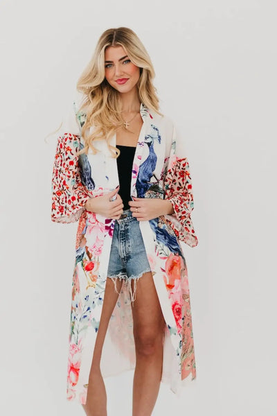 Peacock Summer Kimono - Cream - Kimono