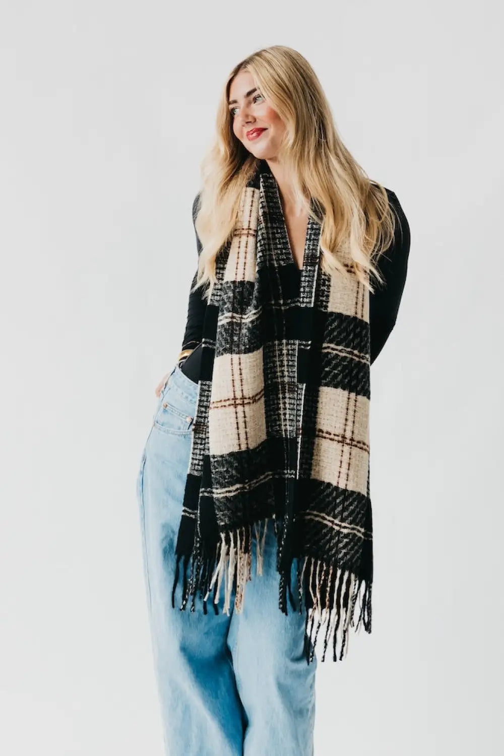 Penny Plaid Fringe Scarf - Black - Scarf