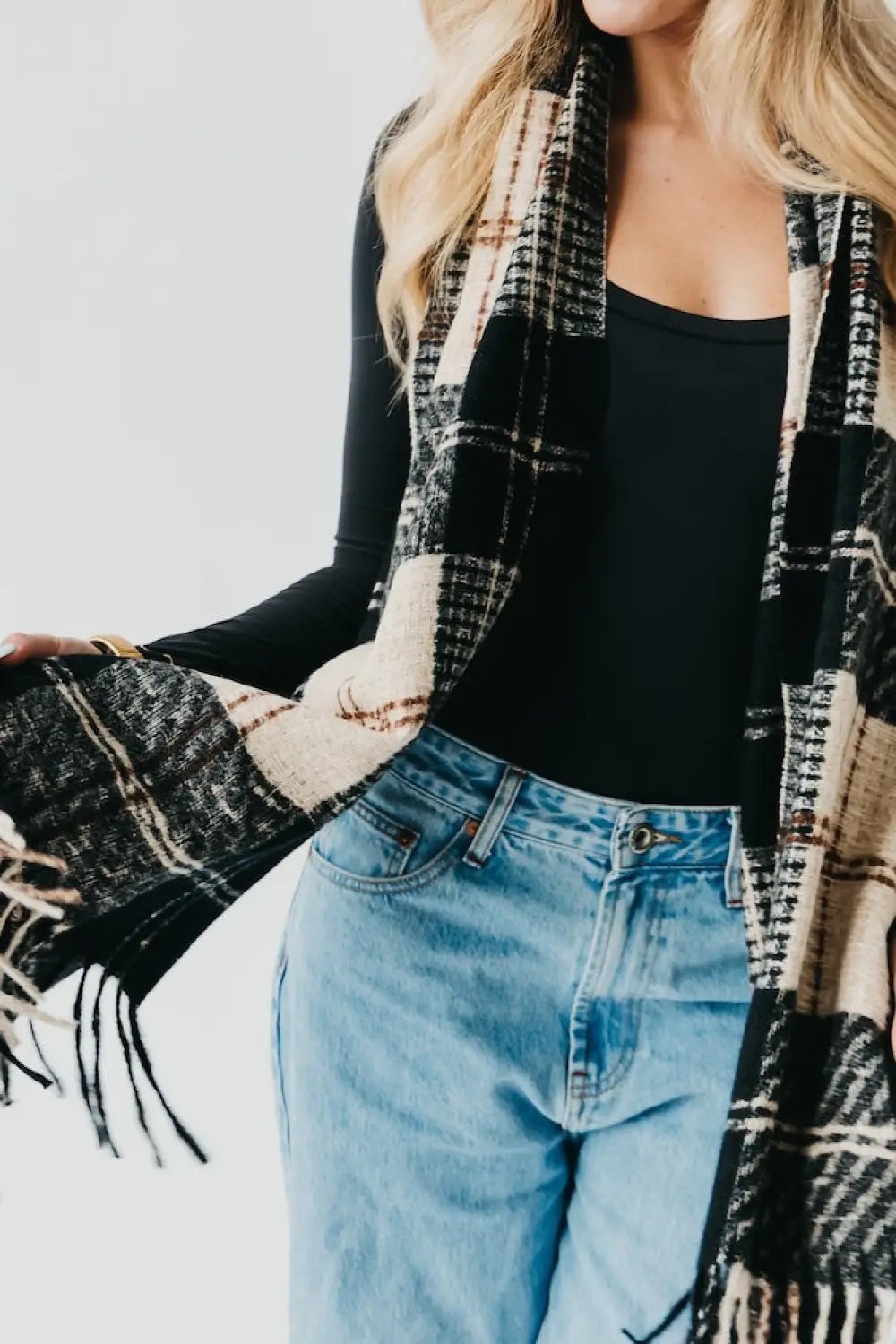 Penny Plaid Fringe Scarf - Black - Scarf