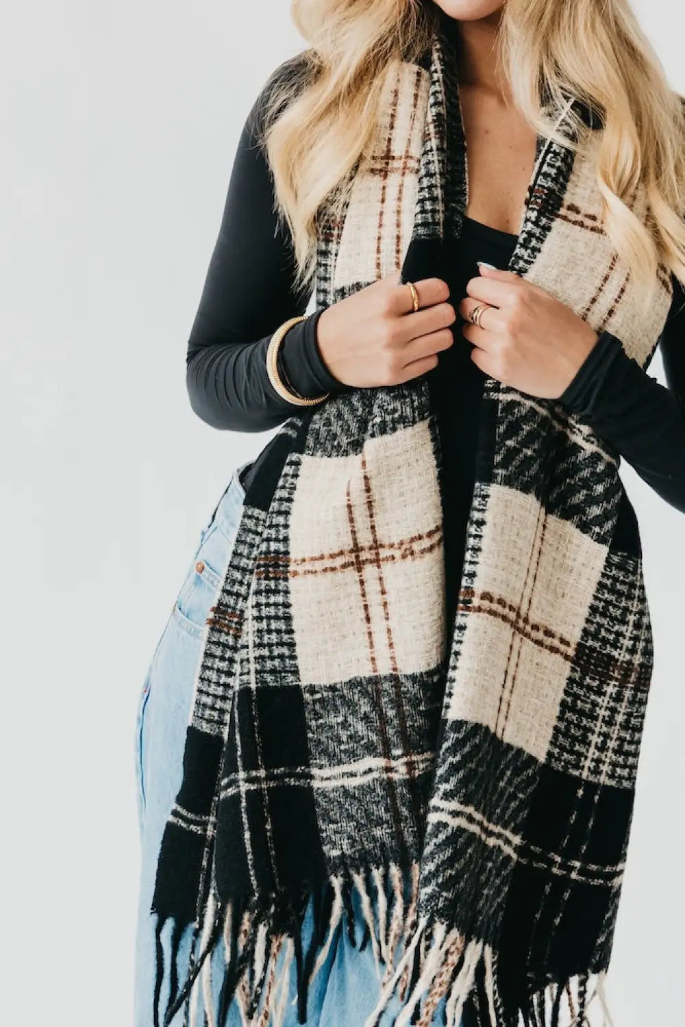 Penny Plaid Fringe Scarf - Black - Scarf