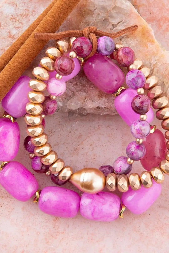 Peony Fuchsia Pink Jade Golden Stretch Bracelet Set - Bracelets