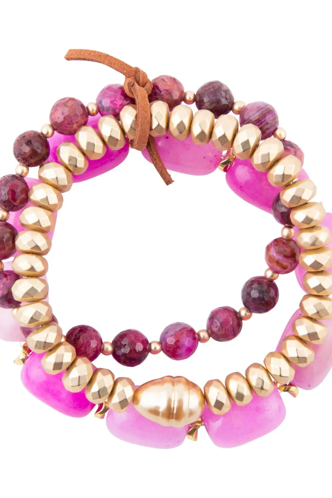Peony Fuchsia Pink Jade Golden Stretch Bracelet Set - Bracelets