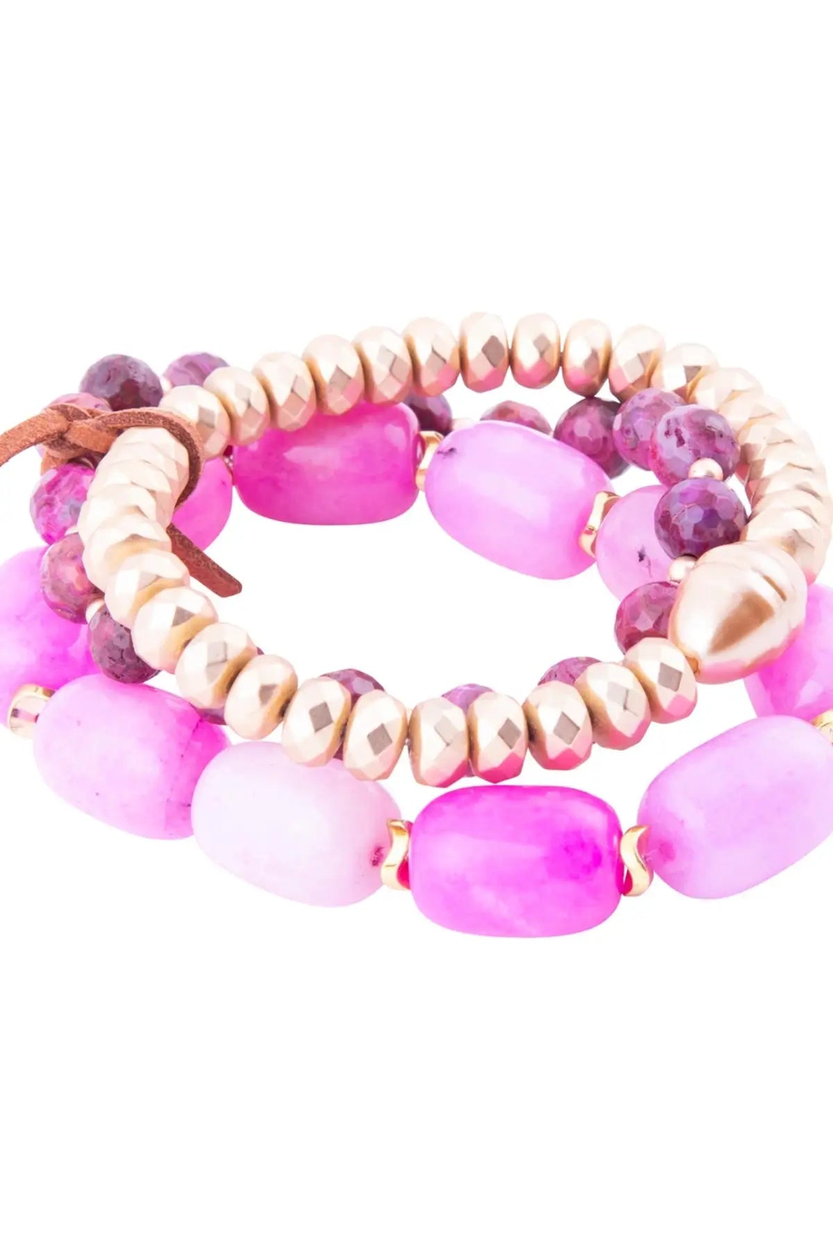 Peony Fuchsia Pink Jade Golden Stretch Bracelet Set - Bracelets
