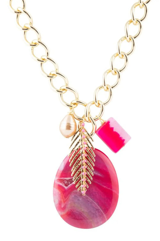 Peony Fuschsia Pink Agate Golden Charm Necklace - Necklace