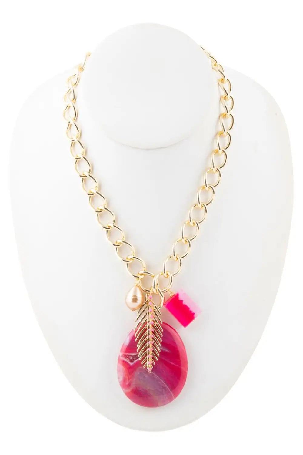 Peony Fuschsia Pink Agate Golden Charm Necklace - Necklace