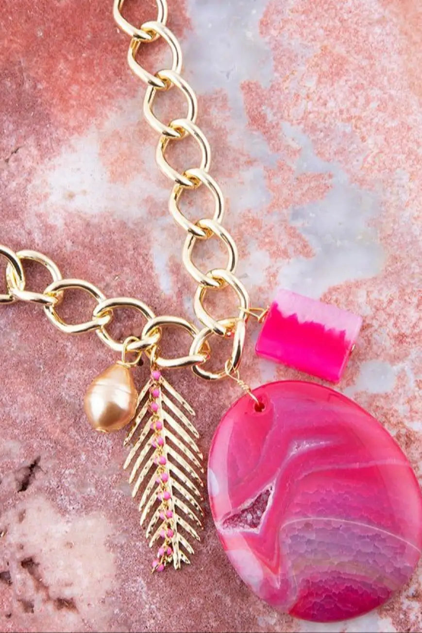 Peony Fuschsia Pink Agate Golden Charm Necklace - Necklace