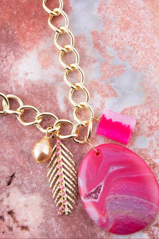 Peony Fuschsia Pink Agate Golden Charm Necklace - Necklace
