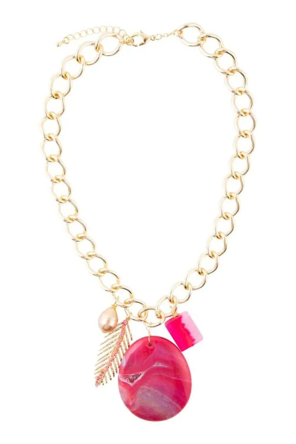 Peony Fuschsia Pink Agate Golden Charm Necklace - Necklace