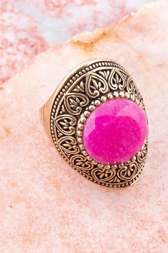 Pink Agate Punch Golden Statement Ring - Rings