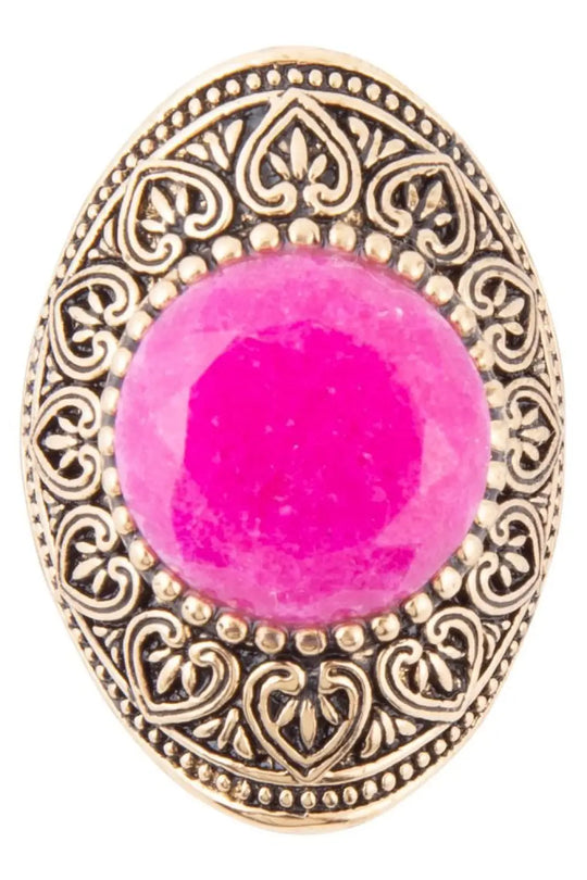 Pink Agate Punch Golden Statement Ring - Rings